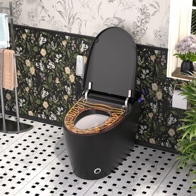 Black Smart Toilet with Advance Bidet and Auto-Open Lid, Soft-Closing Heat Seat, Tankless Auto Dual Flush, Massage Clean, Warm Wash/Dryer, Remote Control