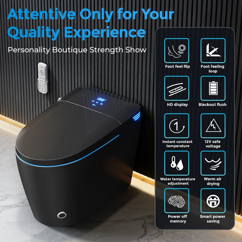 Black Smart Toilet with Advance Bidet and Auto-Open Lid, Soft-Closing Heat Seat, Tankless Auto Dual Flush, Massage Clean, Warm Wash/Dryer, Remote Control