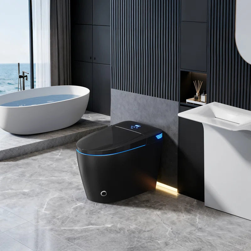 Black Smart Toilet with Advance Bidet and Auto-Open Lid, Soft-Closing Heat Seat, Tankless Auto Dual Flush, Massage Clean, Warm Wash/Dryer, Remote Control