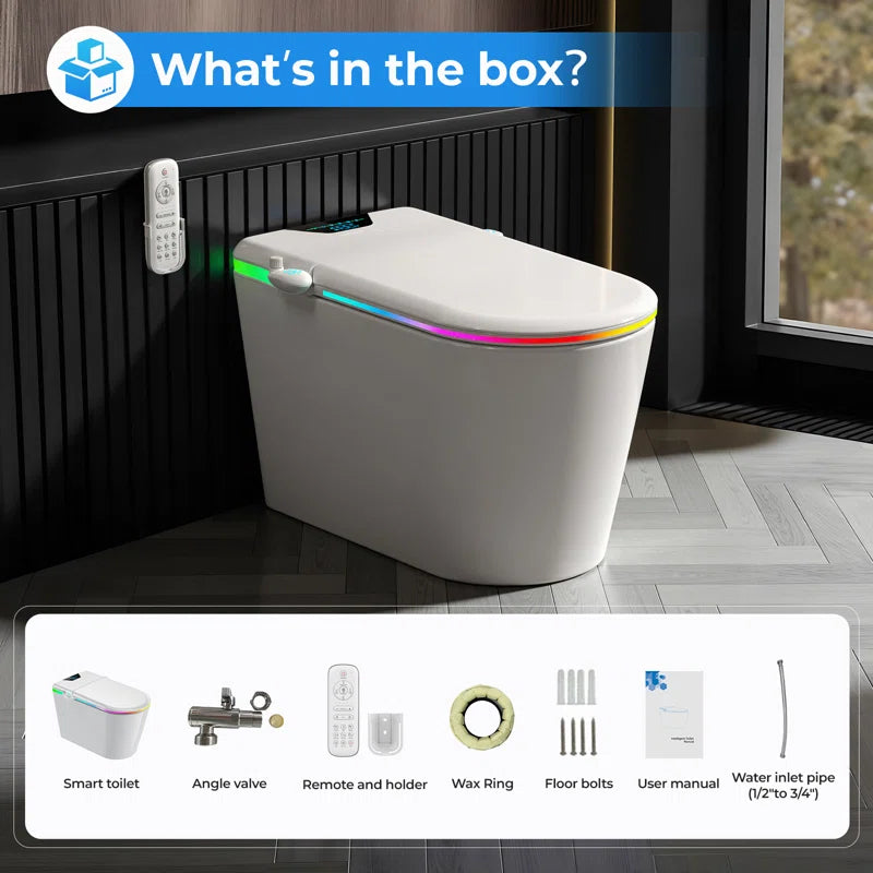 Nordic Smart Toilet with Bidet and Auto-Open Lid, Soft-Closing Heat Seat, Tankless 1.28 Gallons Auto Dual Flush, Massage Clean, Warm Wash/Dryer, Aroma Diffuser, Remote Control