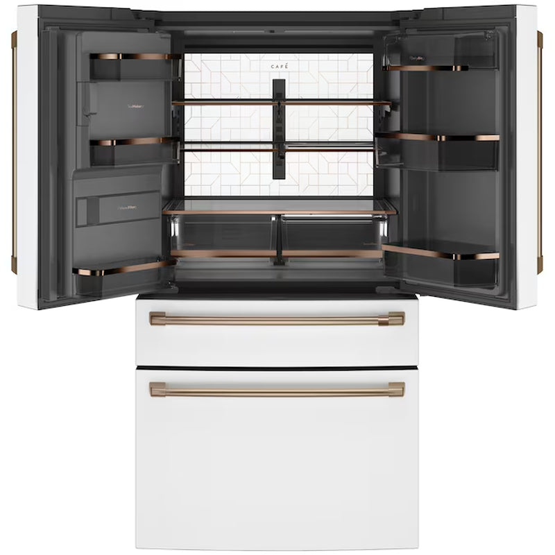 Standard-Depth 27.8-Cu Ft 4 -Door 36-In Wide Smart Compatible French Door Refrigerator with Ice Maker with Water and Ice Dispenser ( Matte White with Brushed Bronze Handles ) ENERGY STAR Certified