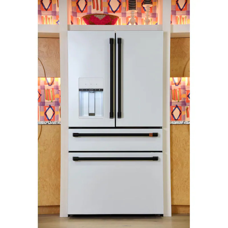 Standard-Depth 27.8-Cu Ft 4 -Door 36-In Wide Smart Compatible French Door Refrigerator with Ice Maker with Water and Ice Dispenser ( Matte White with Brushed Bronze Handles ) ENERGY STAR Certified
