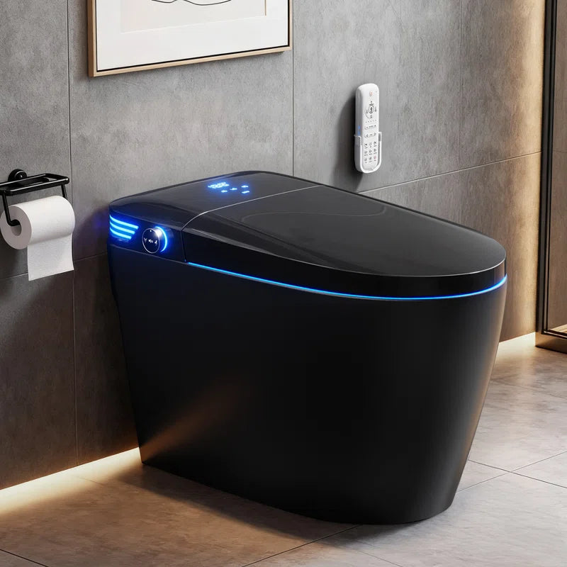 Black Smart Toilet with Advance Bidet and Auto-Open Lid, Soft-Closing Heat Seat, Tankless Auto Dual Flush, Massage Clean, Warm Wash/Dryer, Remote Control