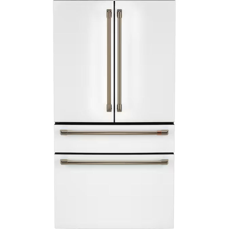 Standard-Depth 27.8-Cu Ft 4 -Door 36-In Wide Smart Compatible French Door Refrigerator with Ice Maker with Water and Ice Dispenser ( Matte White with Brushed Bronze Handles ) ENERGY STAR Certified