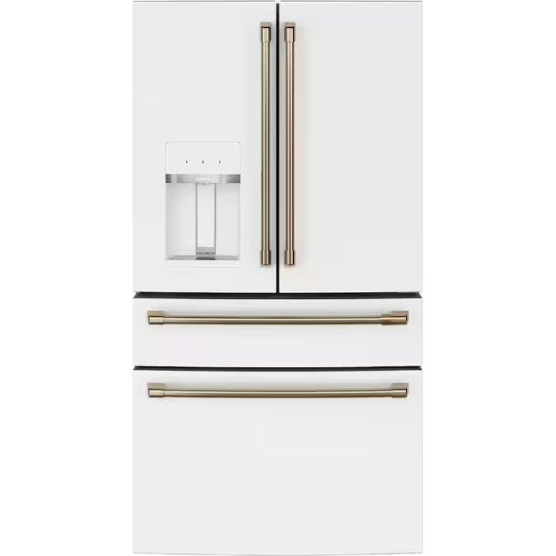 Standard-Depth 27.8-Cu Ft 4 -Door 36-In Wide Smart Compatible French Door Refrigerator with Ice Maker with Water and Ice Dispenser ( Matte White with Brushed Bronze Handles ) ENERGY STAR Certified