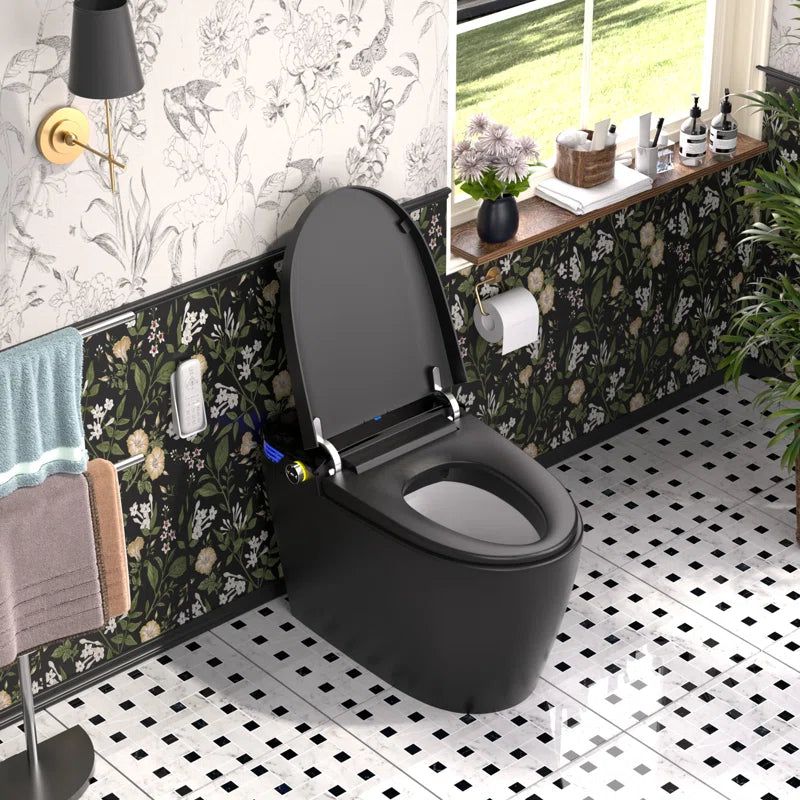 Black Smart Toilet with Advance Bidet and Auto-Open Lid, Soft-Closing Heat Seat, Tankless Auto Dual Flush, Massage Clean, Warm Wash/Dryer, Remote Control