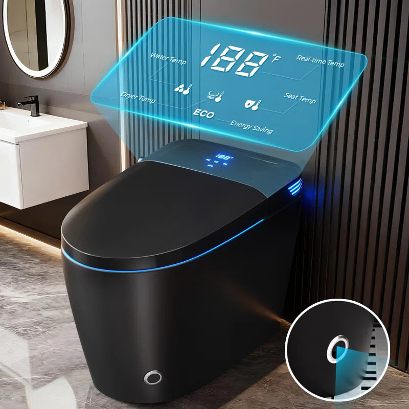 Black Smart Toilet with Advance Bidet and Auto-Open Lid, Soft-Closing Heat Seat, Tankless Auto Dual Flush, Massage Clean, Warm Wash/Dryer, Remote Control