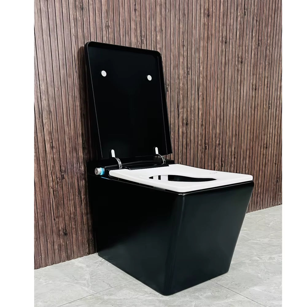 Black Square Smart Toilet with Built-In Tank for Bathroom, Remote Control, Tankless Bidet Toilet with Foot Touching Lid Opening