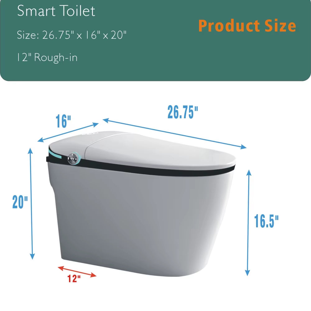 Luxury Smart Toilet with Bidet Seat Built-In, Intelligent Toilet Auto Open/Close Seat, Foot Sensor, LED Display,Night Light