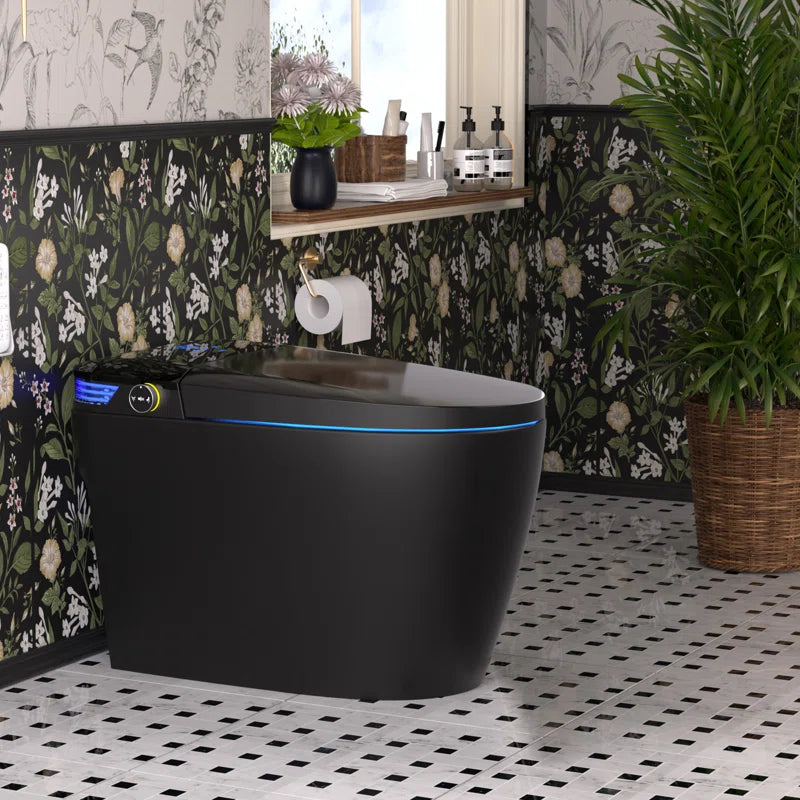 Black Smart Toilet with Advance Bidet and Auto-Open Lid, Soft-Closing Heat Seat, Tankless Auto Dual Flush, Massage Clean, Warm Wash/Dryer, Remote Control