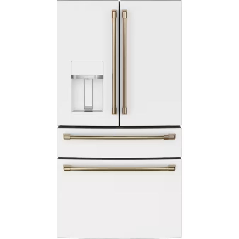 Standard-Depth 27.8-Cu Ft 4 -Door 36-In Wide Smart Compatible French Door Refrigerator with Ice Maker with Water and Ice Dispenser ( Matte White with Brushed Bronze Handles ) ENERGY STAR Certified