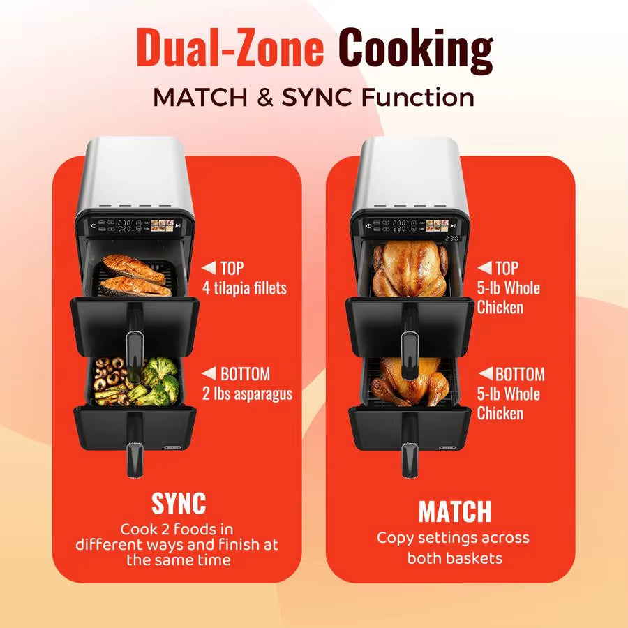Dual Basket Air Fryer Oven, Vertical 2Basket Design, 6In1 Presets Function with Digital Touchscreen, Sync Amp Match, Easy to Cle
