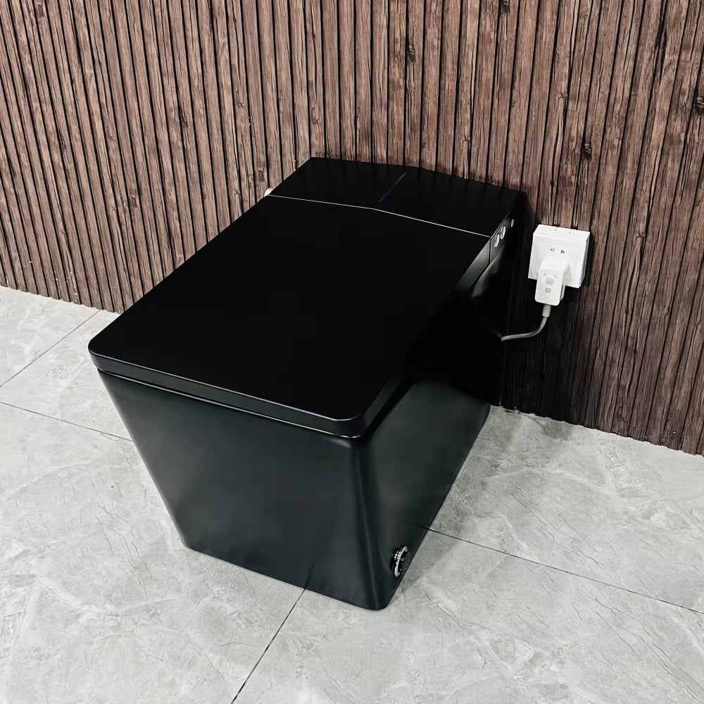 Black Square Smart Toilet with Built-In Tank for Bathroom, Remote Control, Tankless Bidet Toilet with Foot Touching Lid Opening