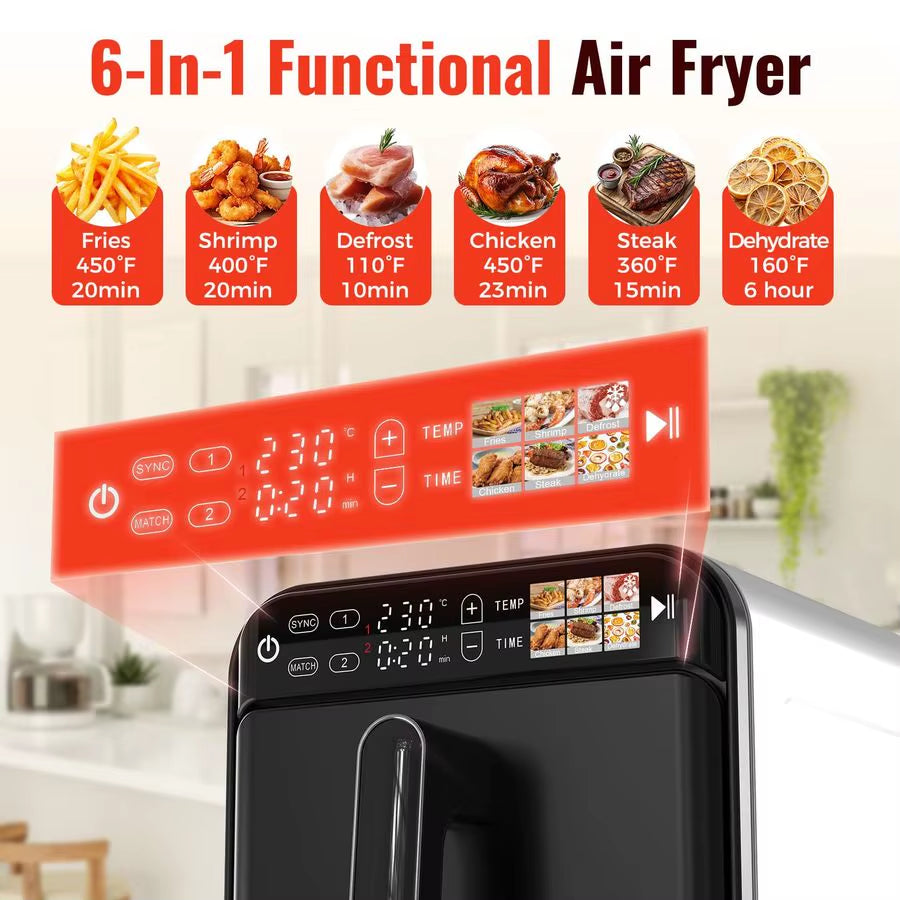 Dual Basket Air Fryer Oven, Vertical 2Basket Design, 6In1 Presets Function with Digital Touchscreen, Sync Amp Match, Easy to Cle