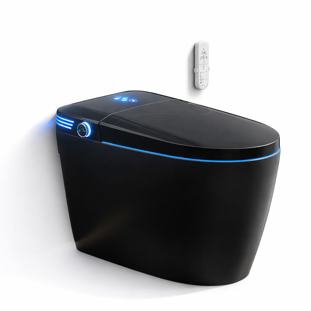Black Smart Toilet with Advance Bidet and Auto-Open Lid, Soft-Closing Heat Seat, Tankless Auto Dual Flush, Massage Clean, Warm Wash/Dryer, Remote Control