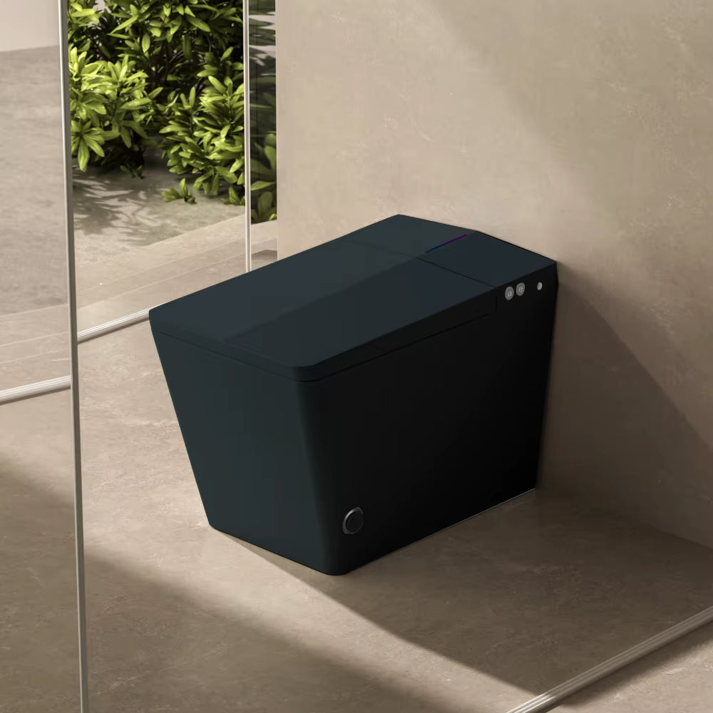Black Square Smart Toilet with Built-In Tank for Bathroom, Remote Control, Tankless Bidet Toilet with Foot Touching Lid Opening