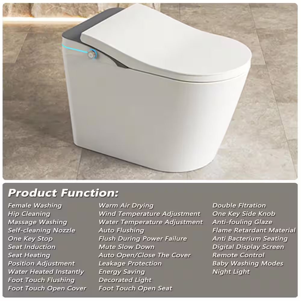 1.28GPF Auto Open Close Lid Elongated Smart Bidet Toilet in White with Heated Seat Warm Washing Air Dryer LED Display