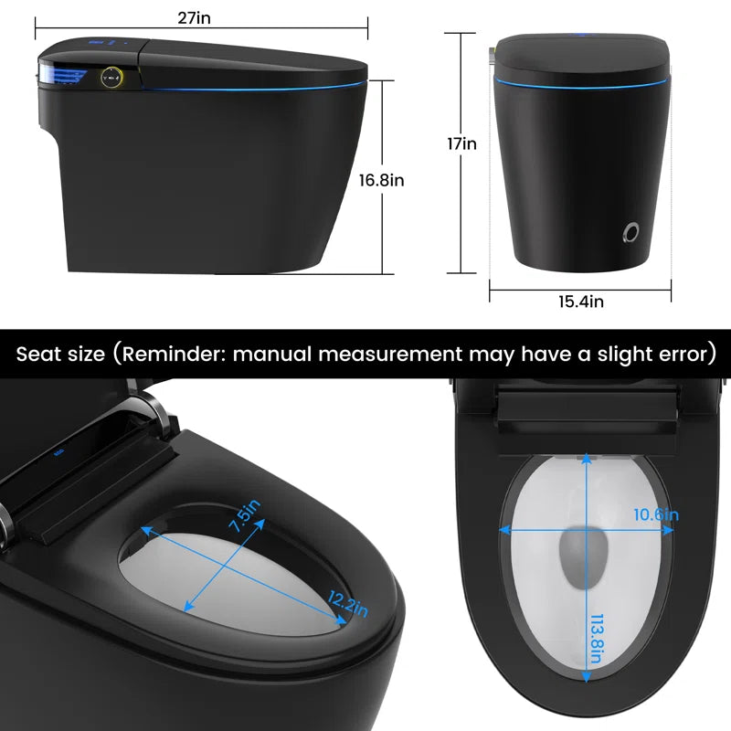 Black Smart Toilet with Advance Bidet and Auto-Open Lid, Soft-Closing Heat Seat, Tankless Auto Dual Flush, Massage Clean, Warm Wash/Dryer, Remote Control